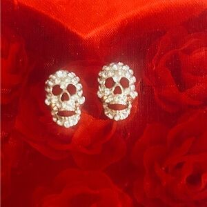Gold Rhinestones Skull Post Earrings-Great for Halloween